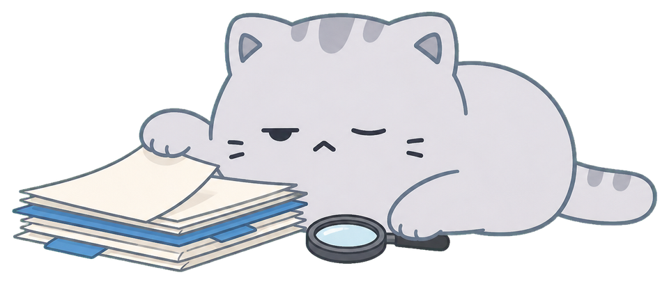 문서 더미를 귀찮은 듯 살펴보는 lazyscheme 고양이